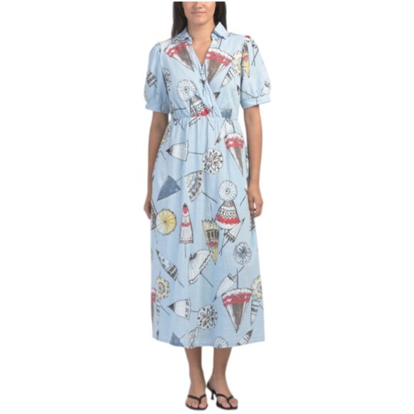 LA PICCOLA CREATIVA Made In Italy Linen Blend Umbrella Print Maxi Dress - Picture 1 of 2